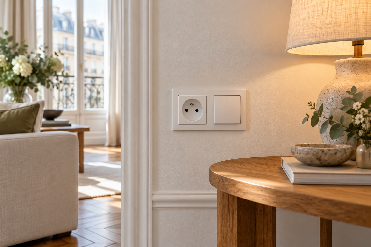 Illustration : Prise électrique et interrupteur dans un logement