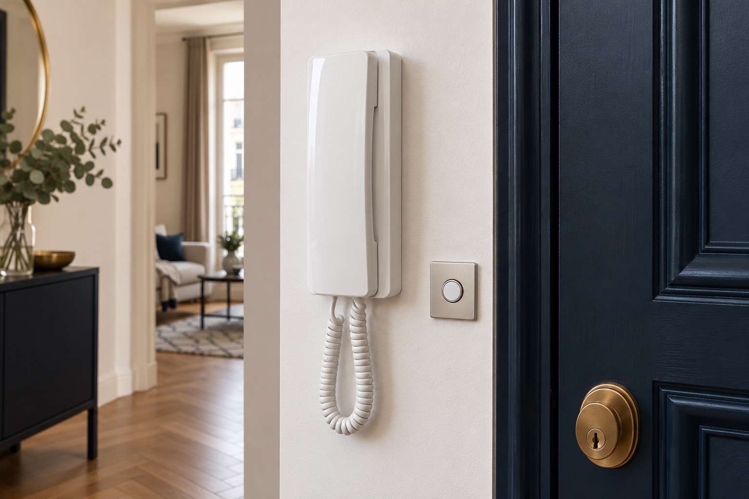 Illustration : Combiné d’interphone et sonnette près d’une porte
