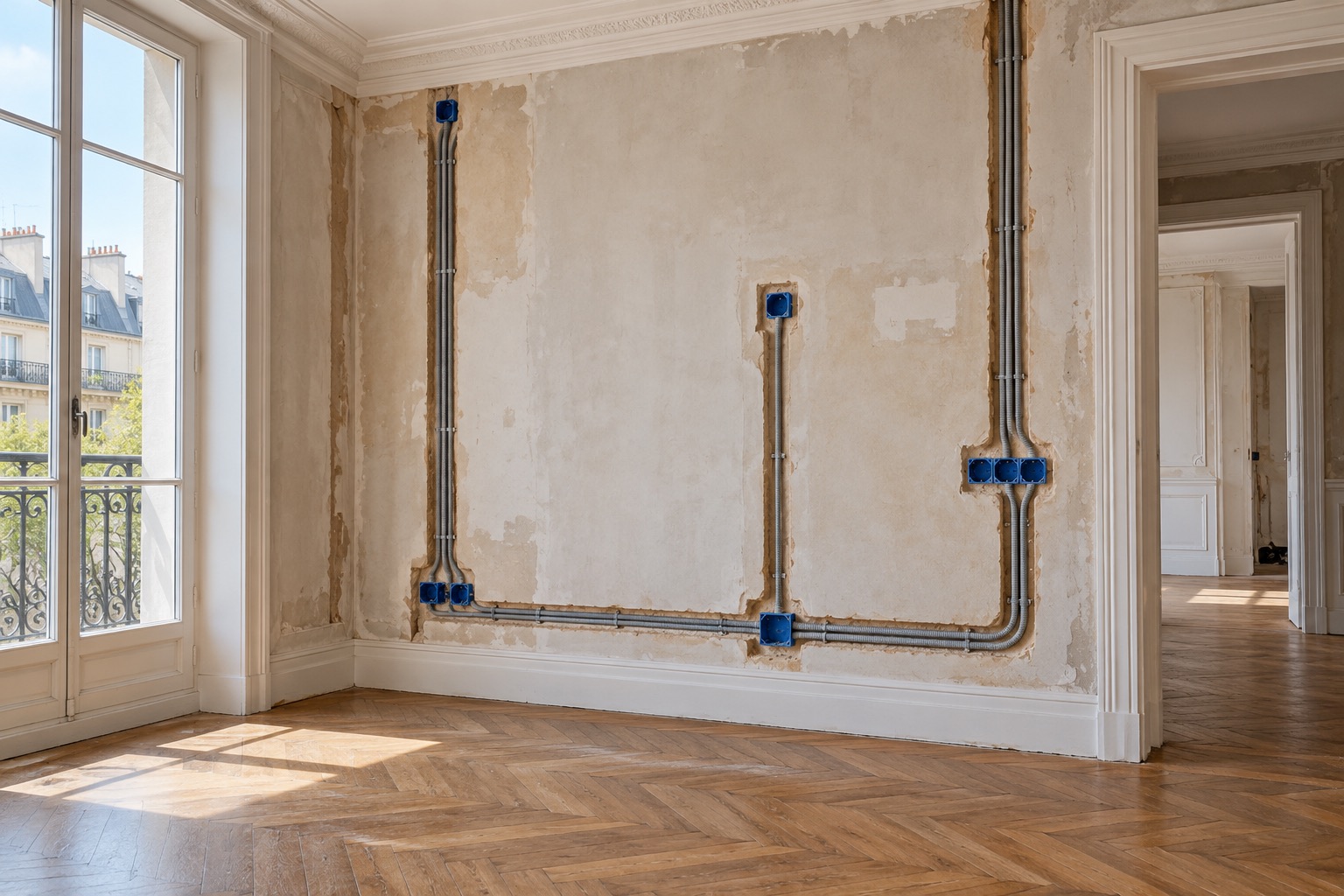 Illustration : Gaines et boîtiers électriques pendant une rénovation