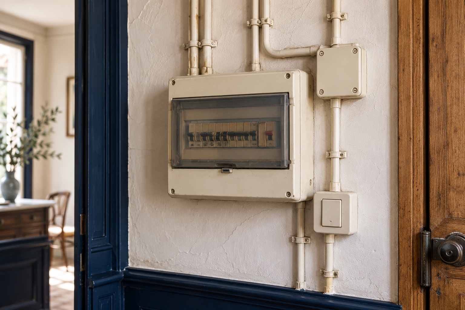 Illustration : Installation électrique ancienne avec coffret fermé